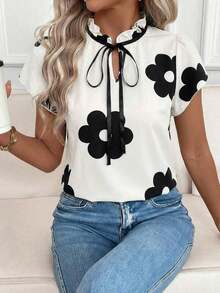 Camisa de mujer de manga corta, con lazo, volantes, a cuadros, elegante y casual para vacaciones y picnic, primavera/verano - Negro - Ver 1
