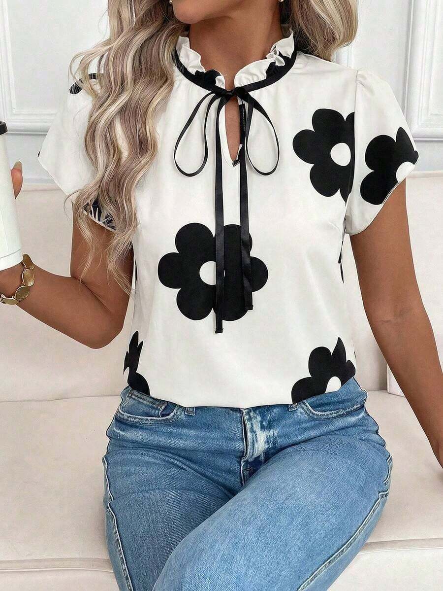 Camisa de mujer de manga corta, con lazo, volantes, a cuadros, elegante y casual para vacaciones y picnic, primavera/verano - Negro - Ver 1