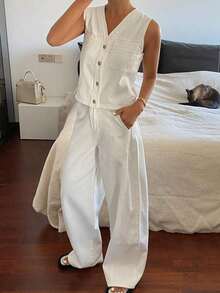 Conjunto casual de mujer con chaleco de mezclilla de frente abierto, ajustado y sin mangas, y pantalones vaqueros rectos y sueltos - Blanco - Ver 4