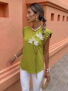 Camiseta de mujer con flores tridimensionales lindas y contrastantes para verano y otoño - Verde militar - Ver 3