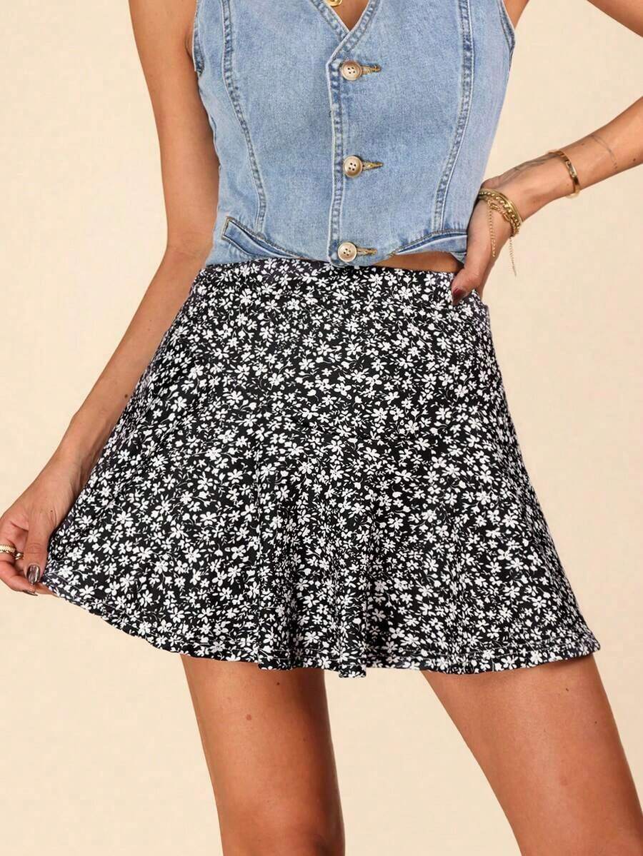 Falda floral para tiempo libre para mujer - Negro - Ver 1