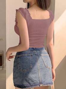 Top de camisola fruncido para mujer, top de cami ajustado y versátil - Rosa - Ver 5