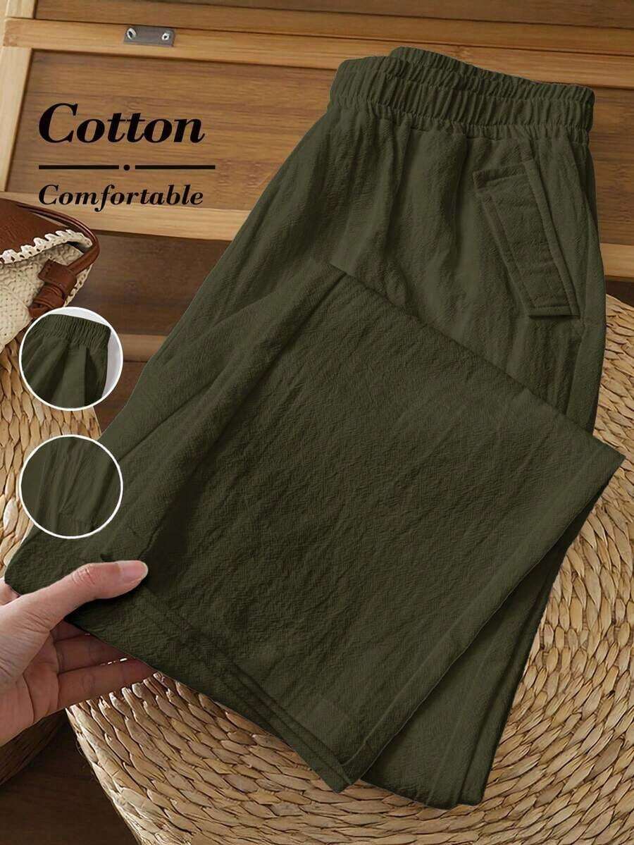Pantalones casuales de mujer de unicolor y bolsillos minimalistas - Verde militar - Ver 1