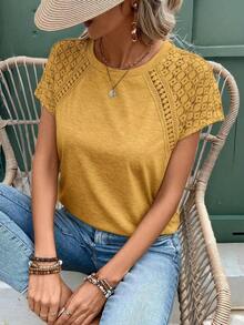 Elegante Camiseta Ajustada Con Patchwork De Encaje Y Manga Corta - Amarillo - Ver 6