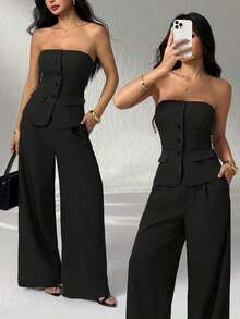 1 Conjunto de Top Camisola Ajustada de unicolor y Pantalones Elegantes para Otoño/Invierno - Negro - Ver 1