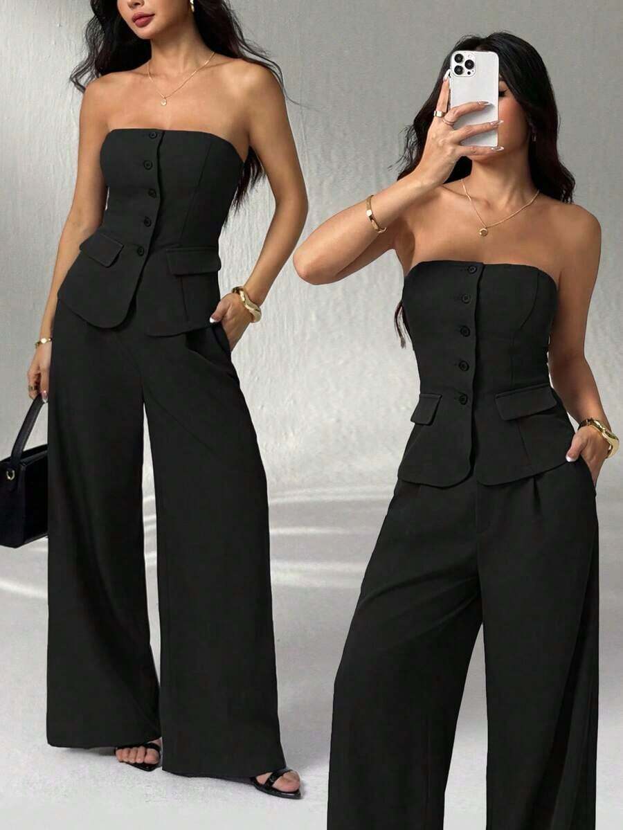 1 Conjunto de Top Camisola Ajustada de unicolor y Pantalones Elegantes para Otoño/Invierno - Negro - Ver 1