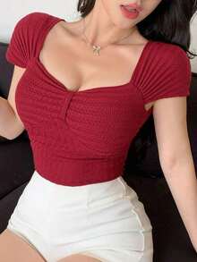 Camiseta ajustada de verano para mujer con escote palabra de honor, manga corta y hombros descubiertos, con detalle de nudo retorcido, top corto para mujer - Rojo - Ver 6