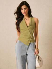 Blusa de moda sin mangas con decoración de metal, cuello en V y fruncido - Verde Oliva - Ver 4