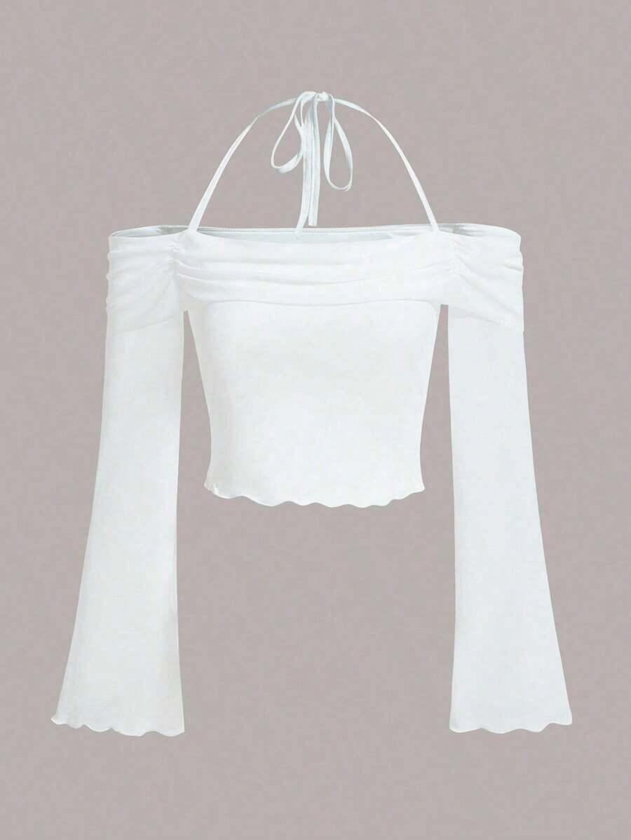 Top crop unicolor de cuello halter de manga con volante - Blanco - Ver 1