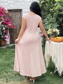 Vestido casual de línea A con cintura ceñida y mangas cortas con lunares para tallas grandes - Beis - Ver 2