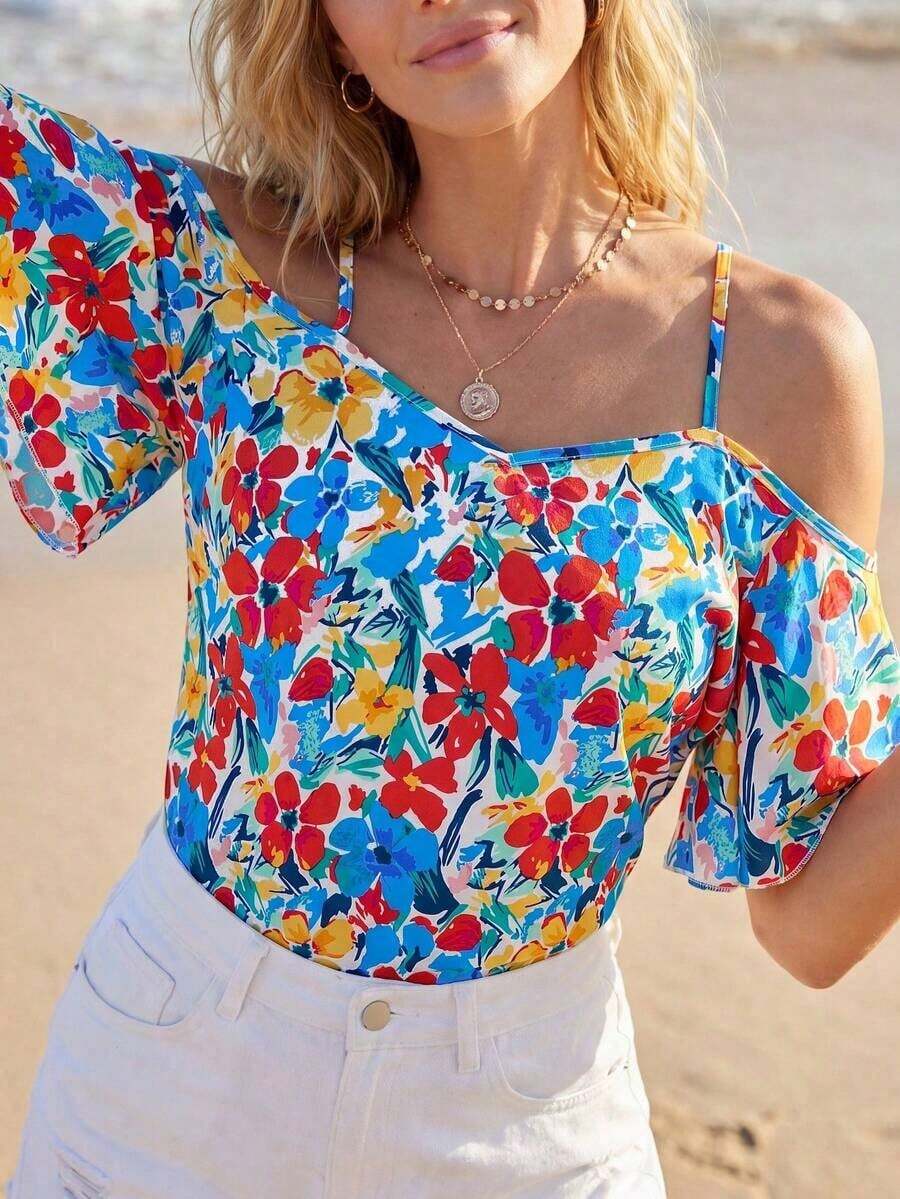 Blusa de hombros descubiertos con estampado floral, blusas de manga corta - Azul y blanco - Ver 1