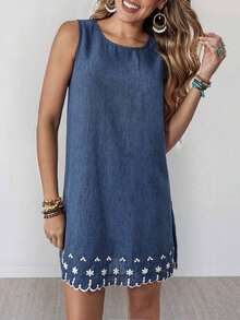 Vestido casual de verano para vacaciones en la playa, de algodón y lino con textura, color albaricoque, sin mangas y corte recto para mujeres - Azul y blanco - Ver 5