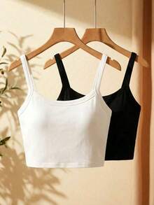 Camiseta corta de tirantes gruesos simple para mujer, adecuada para primavera/verano, estilo casual/streetwear/Y2K, apta para oficina/hogar/streetwear/discoteca y otras ocasiones, color negro - Blanco y Negro - Ver 6