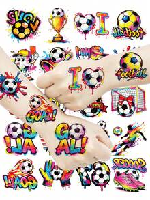 16sheets Soccer-Themed Party Tattoo Stickers, Featuring Realistic Football Designs Including Soccer Moves, Soccer Fields, Jerseys, And Cleats. Multi-Element Pattern Design For Sports Events And Soccer Party Costumes. Temporary Faux Tattoos - Multicolor - View 2