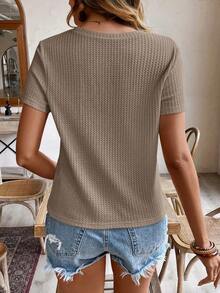 de manga corta para la primavera y el verano con cuello redondo y unicolor en tela texturizada para uso casual - Café integral - Ver 2