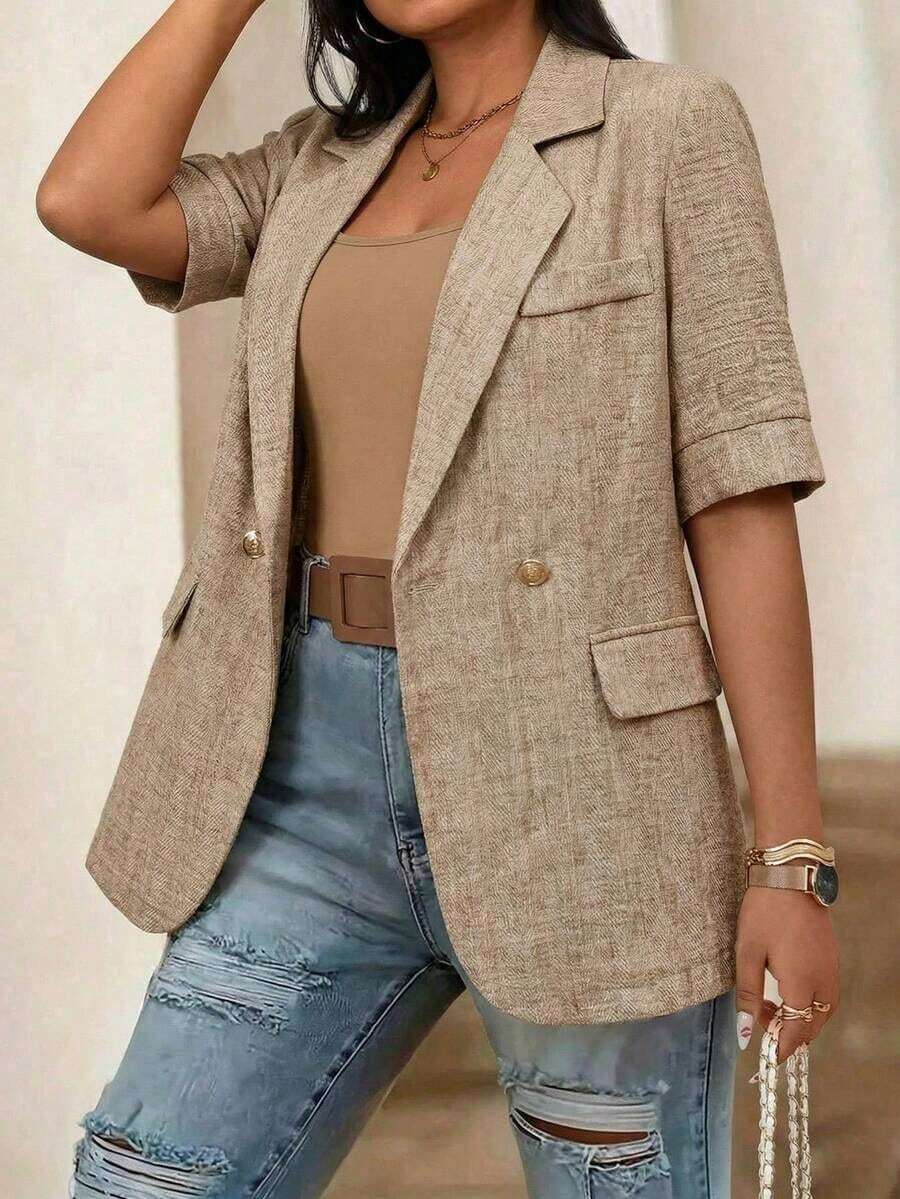 2026 Nueva llegada Blazer de manga corta marrón para mujer, de tela de lino con botones metálicos, bolsillo falso, casual, para ir y venir, vacaciones, chaqueta de traje para mujer, blazer beige de verano para mujer, blazer de verano para mujer, - Albaricoque - Ver 1