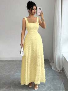 Nuevo vestido de punto texturizado sin mangas con cuello cuadrado, diseño de lazo en la espalda abierta, elegante vestido ajustado para fiesta - amarillo ganso - Ver 7