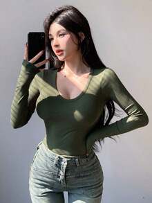 Camiseta de manga larga y cuello redondo de ajuste ceñido para mujer, versátil y casual, ropa de otoño - Verde - Ver 2