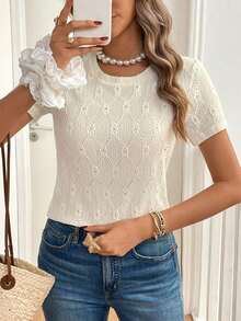 de mujer de manga corta, de cuello redondo, con bordado calado, de unicolor simple, para el verano - Albaricoque - Ver 3