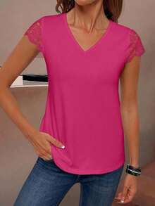 Camiseta de manga corta con parche de encaje en color liso, versátil y casual - Rosa Fucsia - Ver 5