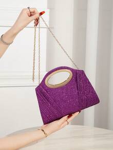 Cartera de Fiesta Dorada con Pedrería Brillante y Asa Metálica Circular, Clutch de Mano Elegante para Boda Cena y Eventos Especiales Moda Mujer - Negro - Ver 9