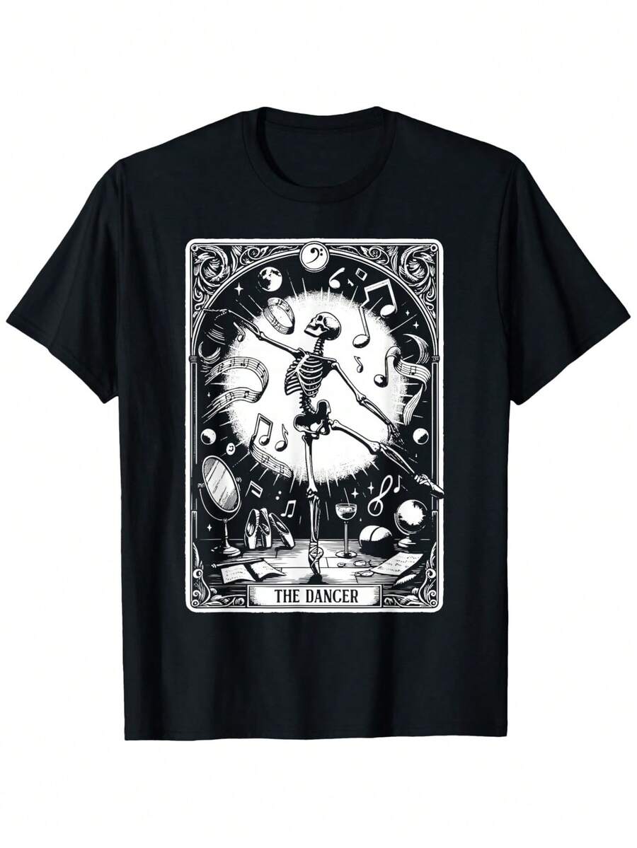 Camiseta con Diseño de Tarjeta de Tarot de Bailarina - Estampado Artístico de Bailarina de Ballet Gótico con Tarjeta de Tarot XIII, 100% Algodón, Manga Corta Casual, Tallas S-XXXL, Adecuada para Eventos de Danza, Fiestas Temáticas y Uso Diario. - Negro - Ver 1