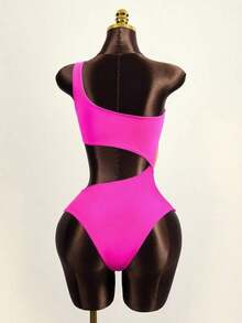 Traje de baño de una pieza con bloque de color y un solo hombro para mujer, ideal para nadar, vacaciones y playa en verano - Multicolor 4 - Ver 2