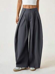 Pantalones anchos de verano con dobladillo curvo verde, estilo vintage, casual y para salir - Gris Oscuro - Ver 3