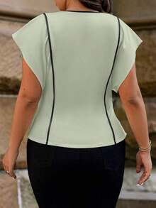 Camisa elegante de mujer talla grande con cuello en V, bajo asimétrico, diseño de rayas y parches, con encaje transparente en la parte delantera, adecuada para uso diario, oficina y citas, primavera/verano - verde menta - Ver 2