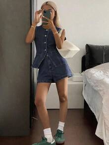 Traje de negocios casual de verano de mujer de mezclilla - Azul lavado oscuro - Ver 4