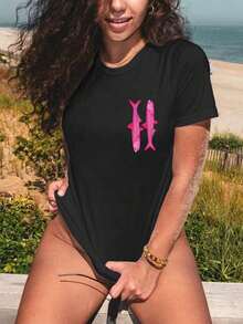 Camiseta de Verano con Estampado Gráfico de Sardinas, Manga Corta, Cuello Redondo, Top Casual para Mujer para Verano y Primavera, Ropa de Mujer - Negro - Ver 2