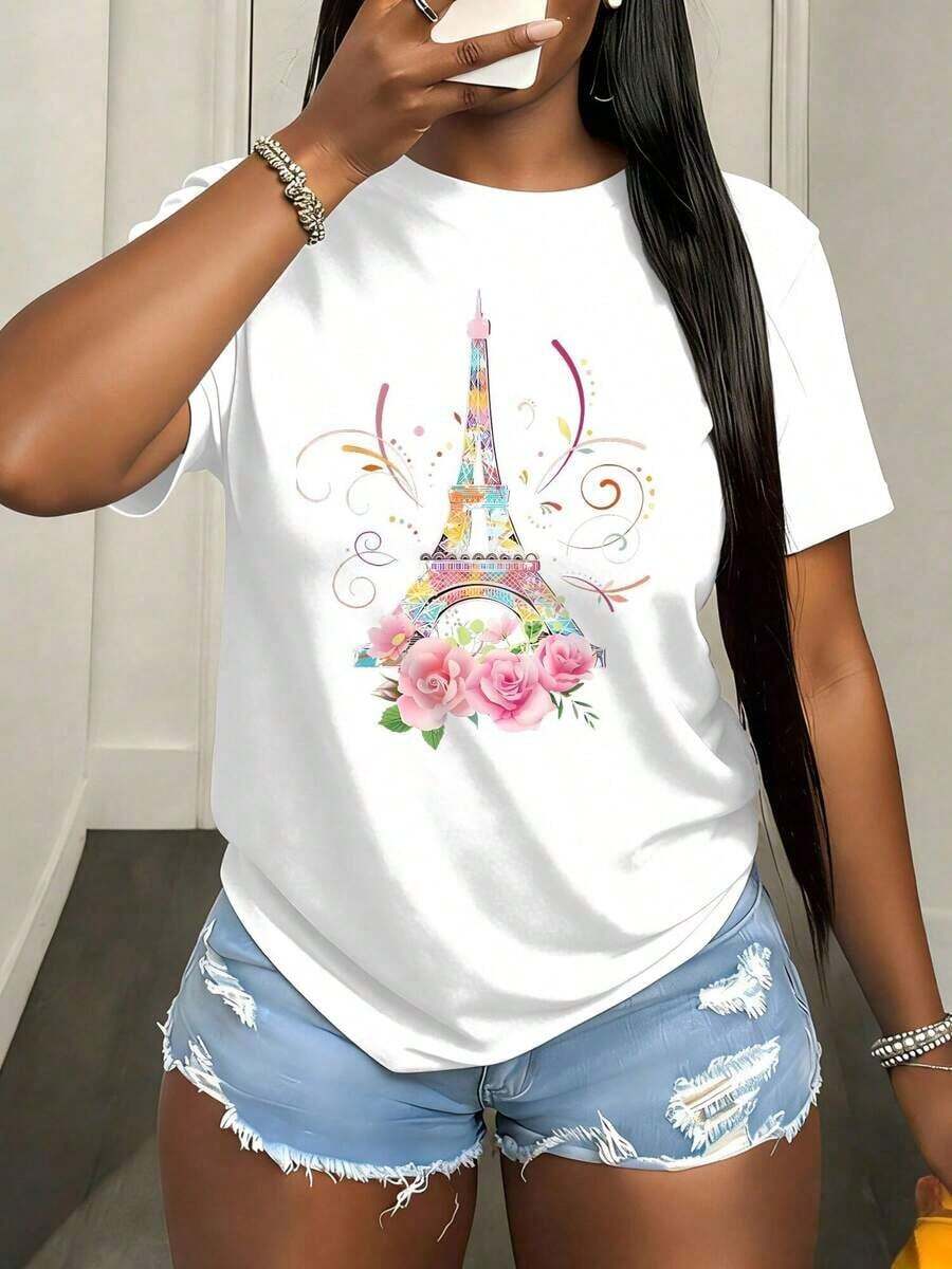 Women's T-Shirt With Colorful Print Of The Eiffel Tower Of Paris, Short Sleeve, Perfect For Outdoor Activities, At Home Or For Sports, Outfit For Valentine's Day, Summer Vacation. - 白色 - 查看 1