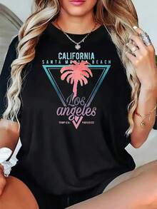 Camiseta de Mujer con Estampado Tropical de Santaónica, California, Los Ángeles - Diseño de Palmeras Turquesa y Rosa, Camiseta Casual de Manga Corta con Cuello Redondo y Letras LA, Estilo Có - Negro - Ver 1