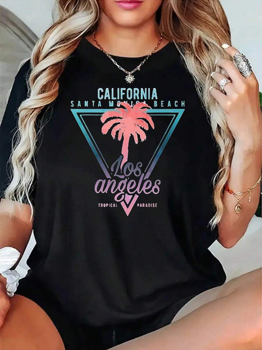 Camiseta de Mujer con Estampado Tropical de Santaónica, California, Los Ángeles - Diseño de Palmeras Turquesa y Rosa, Camiseta Casual de Manga Corta con Cuello Redondo y Letras LA, Estilo Có - Negro - Ver 1