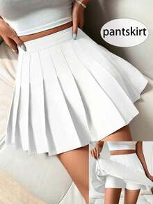 Falda pantalón casual de talle alto con pliegues y rayas para mujer - Blanco - Ver 1