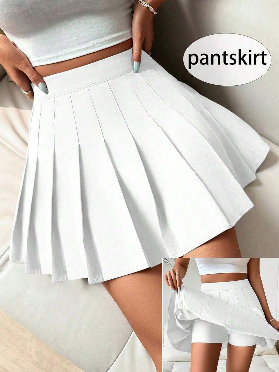 Falda pantalón casual de talle alto con pliegues y rayas para mujer - Blanco - Ver 1