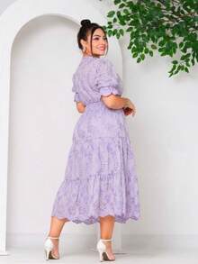 Women's Midi Dress With Embroidered Lace, All-Over Print, Embroidery, Button Detail, Ruffle Detail, Gathered Detail, Suitable For Formal And Evening Wear. - 3D Lilac - View 2