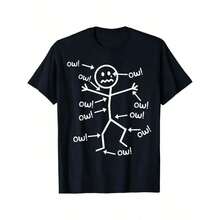 "Ow Ow Ow" T-Shirt - Funny Chronic Pain Awareness T-Shirt, For All Seasons, Cotton, One-Sided Print, Crew Neck, Short Sleeve, Soft Cotton Graphic Tee, Casual Crew Neck T-Shirt, Thick T-Shirt, High Quality And Heavyweight. - 黑色 - 查看 5