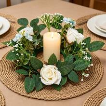 Flower Wreath Candle Rings Decorative Rose Wreath Pillar Candle Garland For Home Dining Table - White - View 5