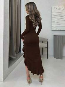 YHHJemour Vestido largo de manga larga con abertura lateral sexy de unicolor marrón, vestido de otoño primaveraYHH - Celeste - Ver 8