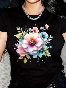 Camiseta de Mujer con Flores de Primavera, Camiseta con Estampado de Acuarela, Camiseta con Flores, Blusa con Flores para Mujer - Blanco - Ver 7