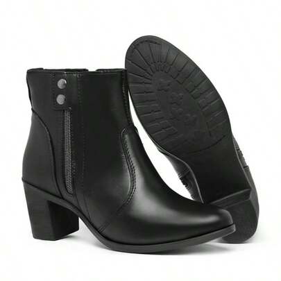 Bota Feminina Cano Curto Salto Grosso Confortável Casual Elegante Zíper Lateral Moda Dia a Dia
