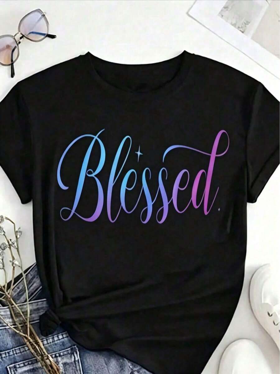 Camiseta de Cuello Redondo para Mujer, Talla Grande - Blusa Casual Negra de Manga Corta, Lavable a Máquina para Primavera, Verano y Otoño, Cómoda para Uso Diario |   Diseño de Texto Interesante |   Tela suave y cómoda - Negro - Ver 1