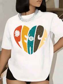 Camiseta Casual para Mujer, Estampado de Corazón y Texto, Manga Corta, Cuello Redondo, Ropa Casual de Calle, 220g, 100% Algodón, Duradera - Blanco - Ver 6