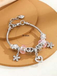 1pc Women's Charm Bracelet, Romantic Heart Flower Pink Crystal Elegant Silver, Daily & Anniversary - Multicolor - View 3