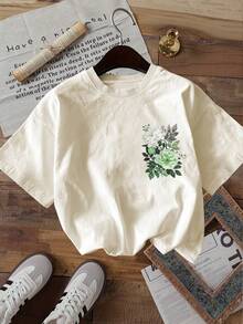 [Double-Sided Print] Fashionable Women's Top, Summer Clothes For Women, Cool Style With Green Peony Leaf Print, Round Neck, Short Sleeve T-Shirt, Winter Clothes For Women - 杏色 - 查看 3