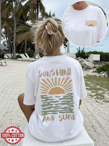 Women's Reversible Printed Clothing For Spring And Summer, With A Vintage Sun And Wave Style, Perfect For Casual Wear. Short-Sleeved, Off-The-Shoulder, Loose-Fitting T-Shirt, Women's Winter Clothing - 白色 - 查看 1