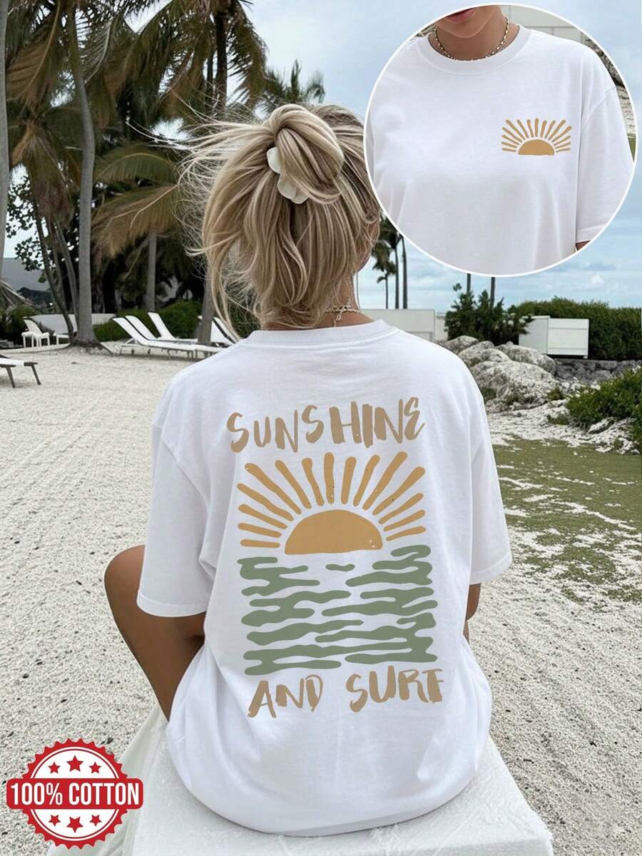 Women's Reversible Printed Clothing For Spring And Summer, With A Vintage Sun And Wave Style, Perfect For Casual Wear. Short-Sleeved, Off-The-Shoulder, Loose-Fitting T-Shirt, Women's Winter Clothing - 白色 - 查看 1