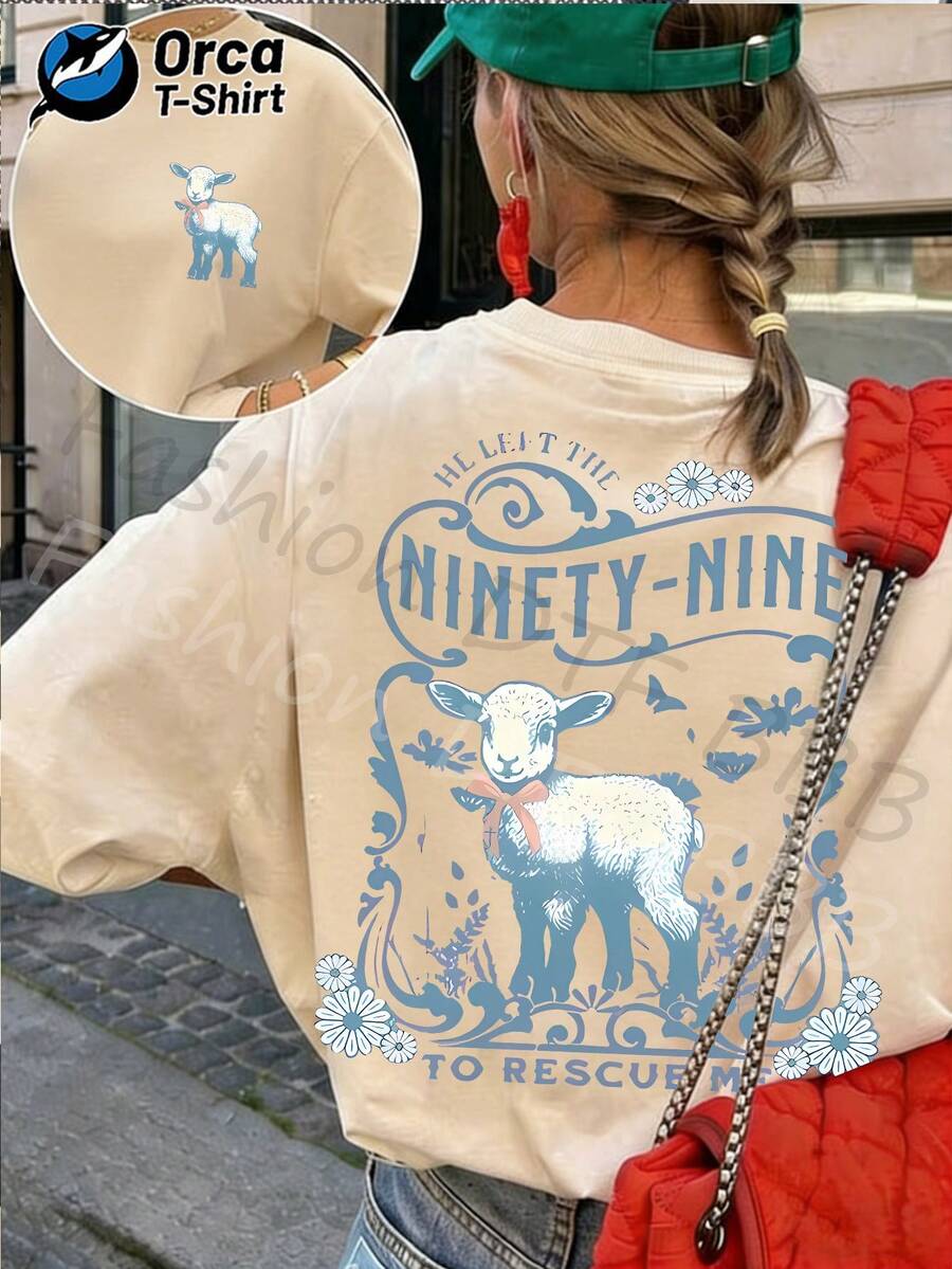 Women's Summer Casual Short Sleeve T-Shirt With "99, Save Me, Lost Sheep" Print, 100% Cotton, Stylish, Casual Women's Top, Y2k Style, Loose Round Neck, Machine Washable, Suitable For Casual Outings And Religious Activities. - 杏色 - 查看 1