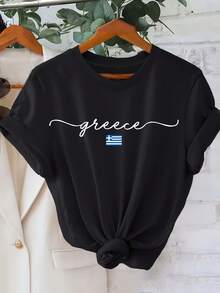 Camiseta Deportiva Casual para Mujer con Estampado de Letras Griegas - Blanca, de Manga Corta y Cuello Redondo, con Diseño de Bandera y Mapa Griego, Tejido Transpirable y Lavable a Máquina, Adecuada para Viajes de Primavera y Verano y Uso Diario, Versátil y Sencilla para Todas las Temporadas, Material No Transparente, Absorbe la Humedad, Ropa Casual para Gimnasio. - Blanco - Ver 6